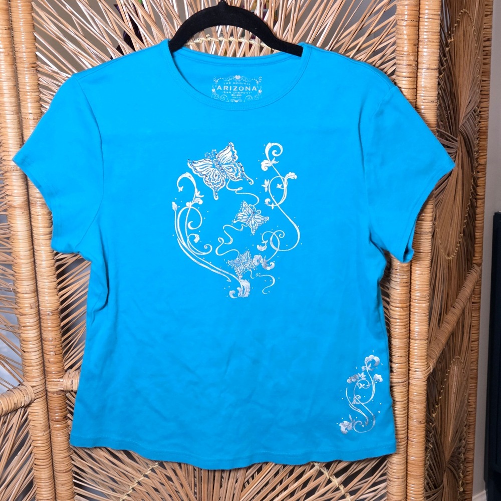 Arizona Girl XL Jr Smal Y2K Butterfly Graphic Tee Shirt Short Sleeve Bright Blue - Picture 2 of 5